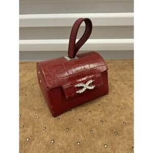WOLF DESIGNS CROC RED LEATHER JEWELRY BOX WITH HANDLE GERMANY‎
